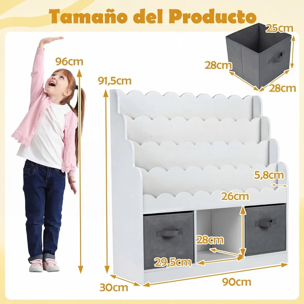 Estante infantil com 4 prateleiras, 3 compartimentos e 2 gavetas 90 x 30 x 91,5 cm, com tecido organizador para brinquedos, a partir dos 3 anos, para