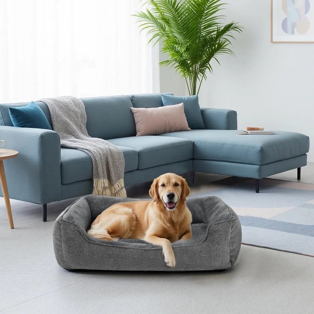 Cama para cães 100 x 75 x 25 cm, almofada para cães com bordas elevadas cinzento