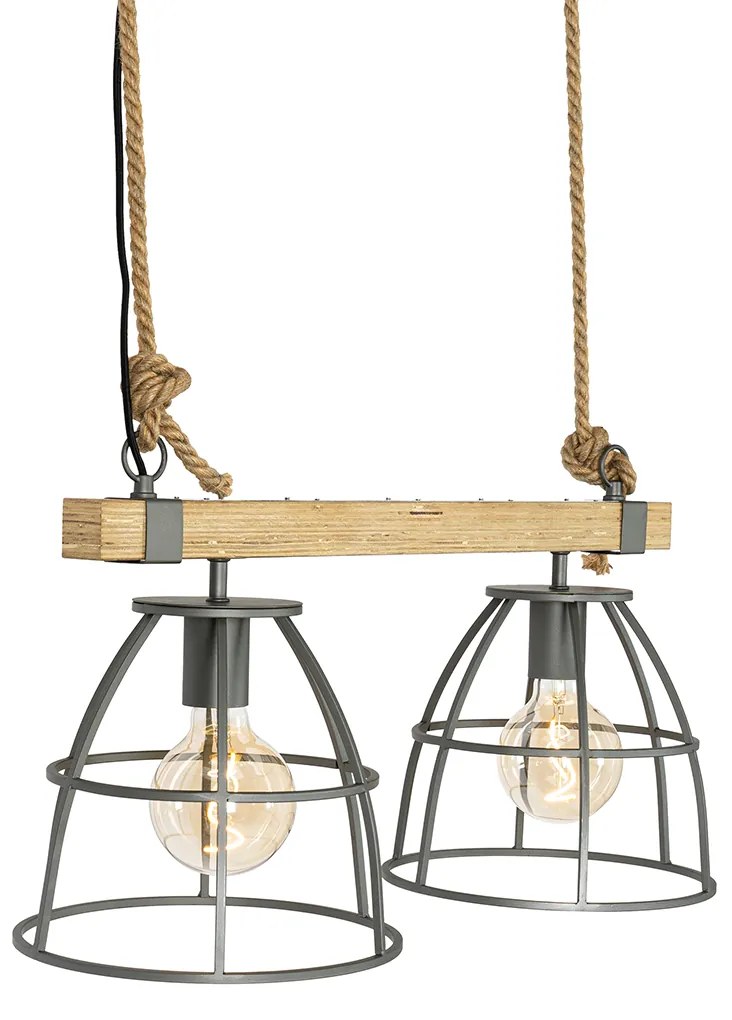 Candeeiro suspenso industrial cinza escuro com madeira 2 luzes - Arthur Industrial