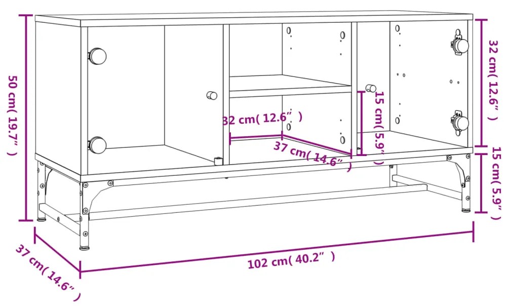 Móvel de TV c/ portas de vidro 102x37x50 cm cinza sonoma