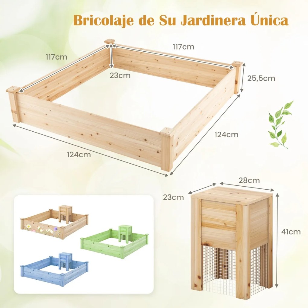 Floreira de jardim elevada com recipiente para composto e kit de plantador de madeira com fundo aberto para flores e plantas 24 x 124 x 25,5 cm Natura