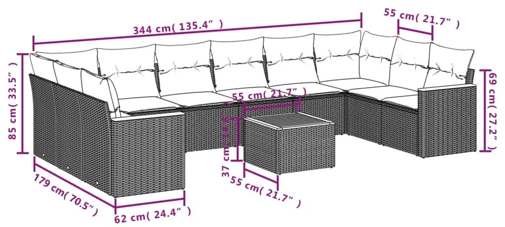 11 pcs conjunto sofás de jardim c/ almofadões vime PE cinzento