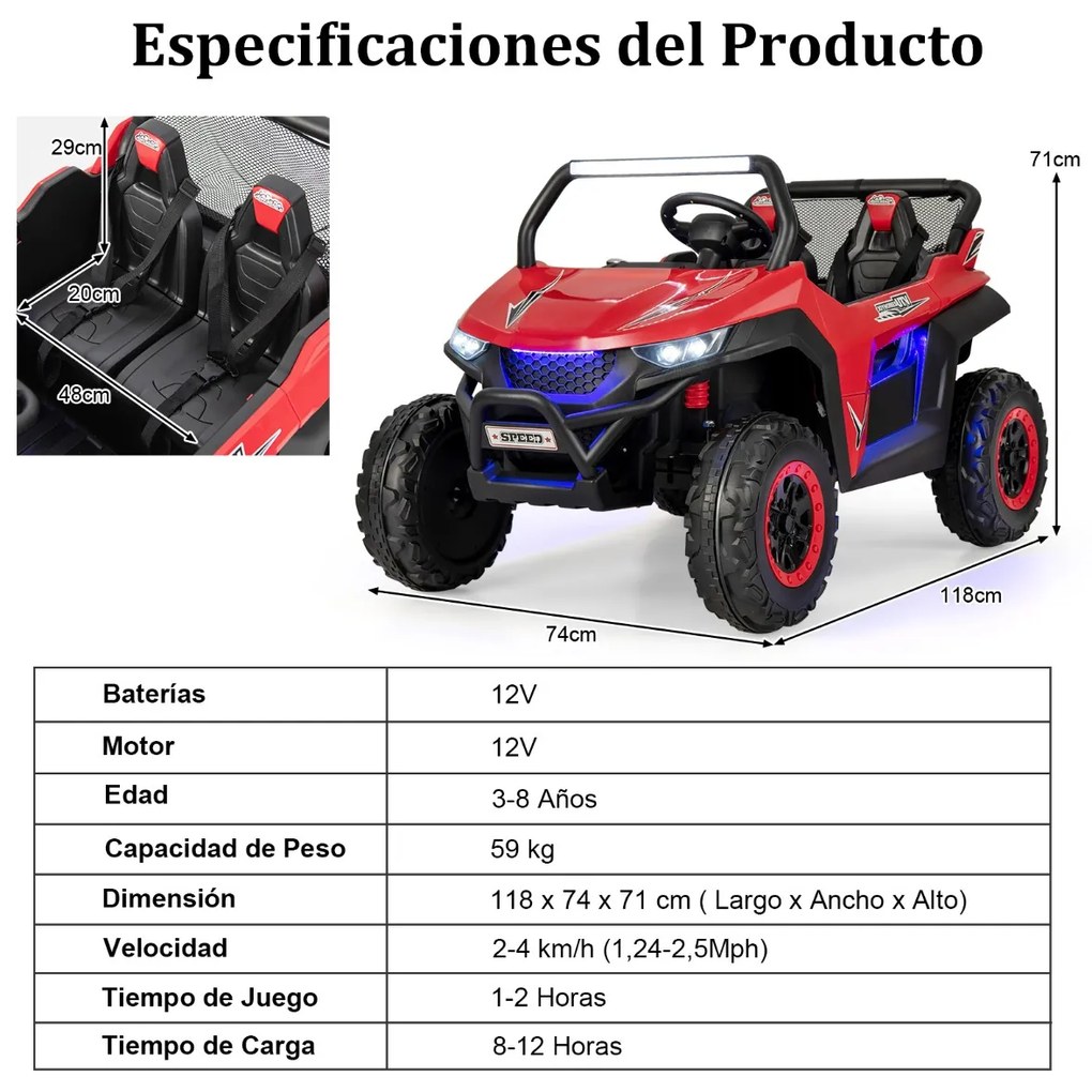 Carro elétrico de brincar UTV de 2 lugares com bateria de 12V para crianças com controlo remoto 2.4G Música de alta/baixa velocidade 3 a 8 anos 118 x