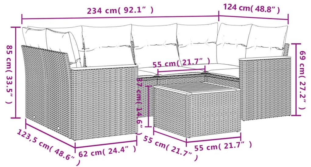 7 pcs conjunto sofás p/ jardim c/ almofadões vime PE cinzento