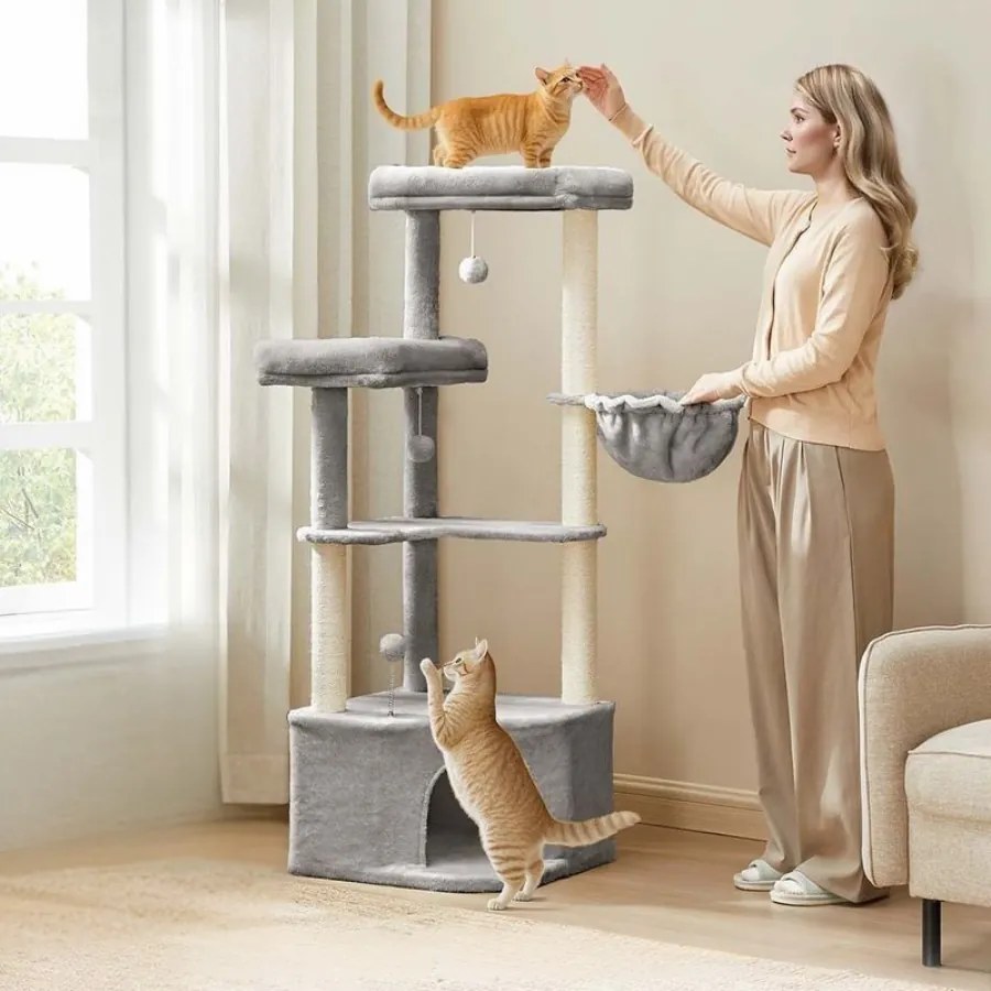 Arranhador para gatos com grande cavidade e várias áreas para brincar e descansar 48,5 x 48,5 x 140,7 cm Cinzento