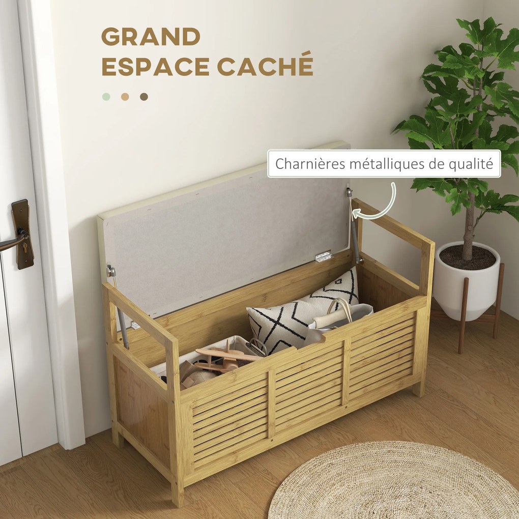 Banco com espaço de arrumação 100 x 40 x 60 cm e compartimento oculto sob o assento, com almofada e apoio de braço, cor natural