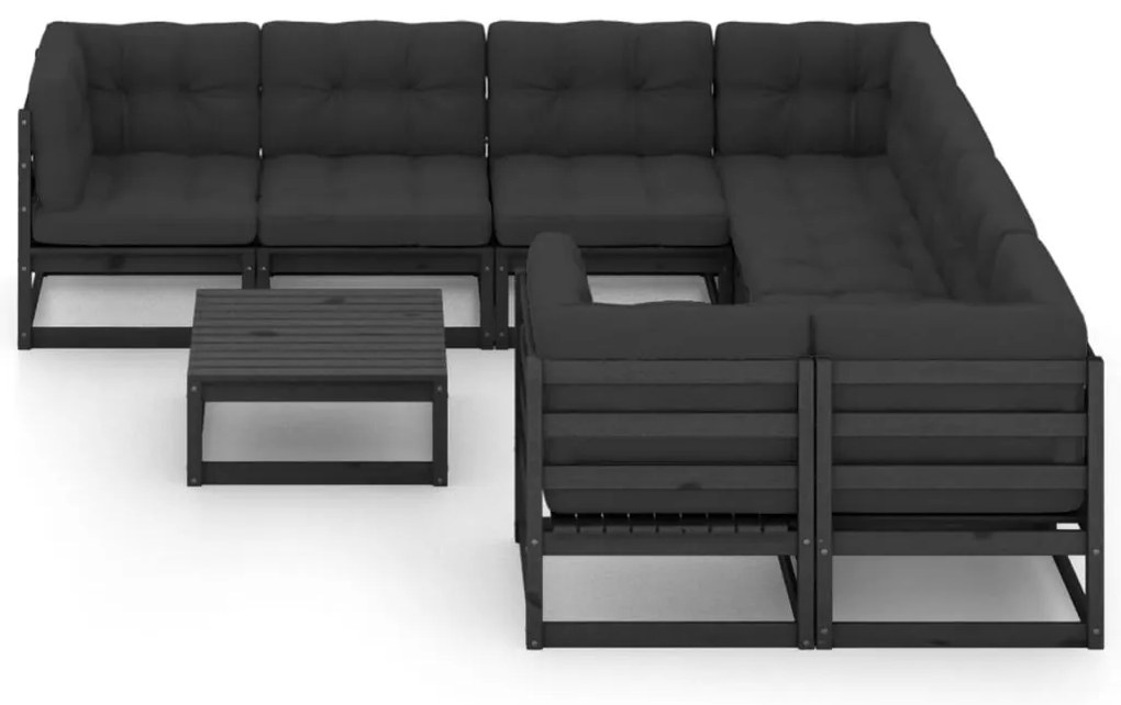 9pcs conjunto longue de jardim c/ almofadões pinho maciço preto