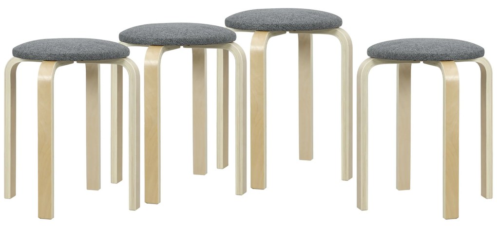 HOMCOM Conjunto de 4 Bancos Empilháveis Redondos Bancos Baixos de Cozinha com Assento Acolchoado Ø40x45 cm Cinzento e Madeira | Aosom Portugal