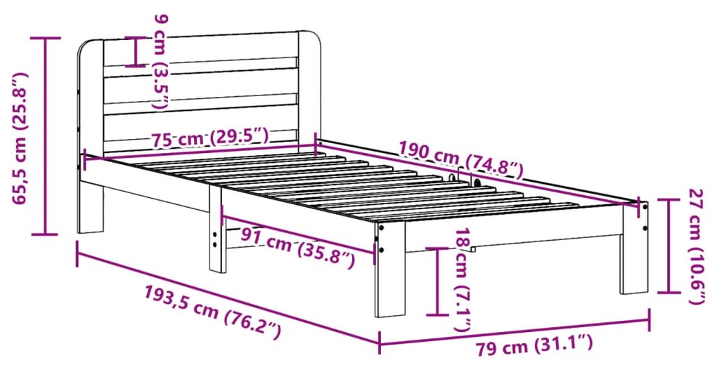 Cama sem colchão 75x190 cm madeira de pinho maciça castanho-mel