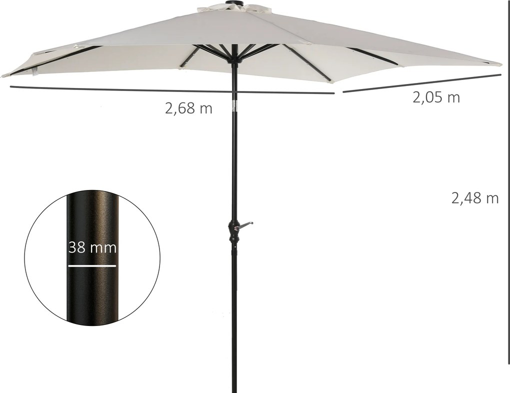 Chapéu de Sol com Luzes LED 268x205x248 cm Chapéu de Sol de Jardim Inclinável até 45° e Abertura a Manivela Creme