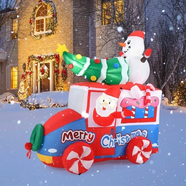 Pai Natal insuflável de 177 cm em carro de Natal Veículo festivo com boneco de neve, árvore de Natal e coroa de flores 5 luzes LED e Ventilador Multi