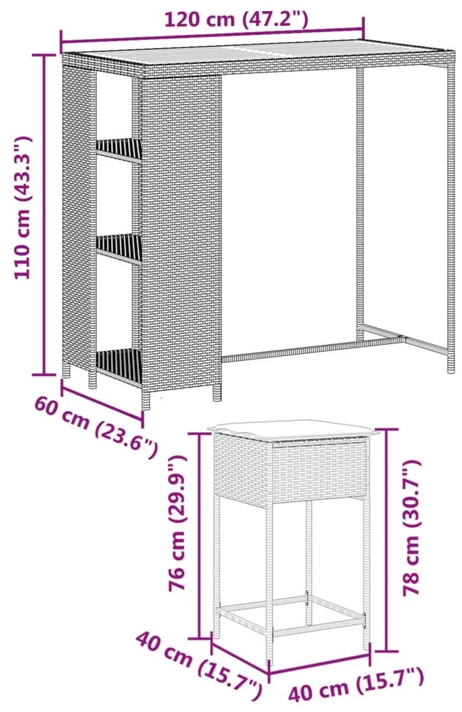 3 pcs conjunto de bar p/ jardim c/ almofadões vime PE cinzento