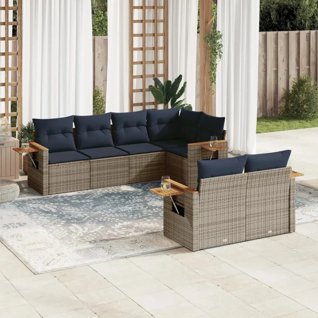 vidaXL 7 pcs conjunto sofás p/ jardim c/ almofadões vime PE cinzento