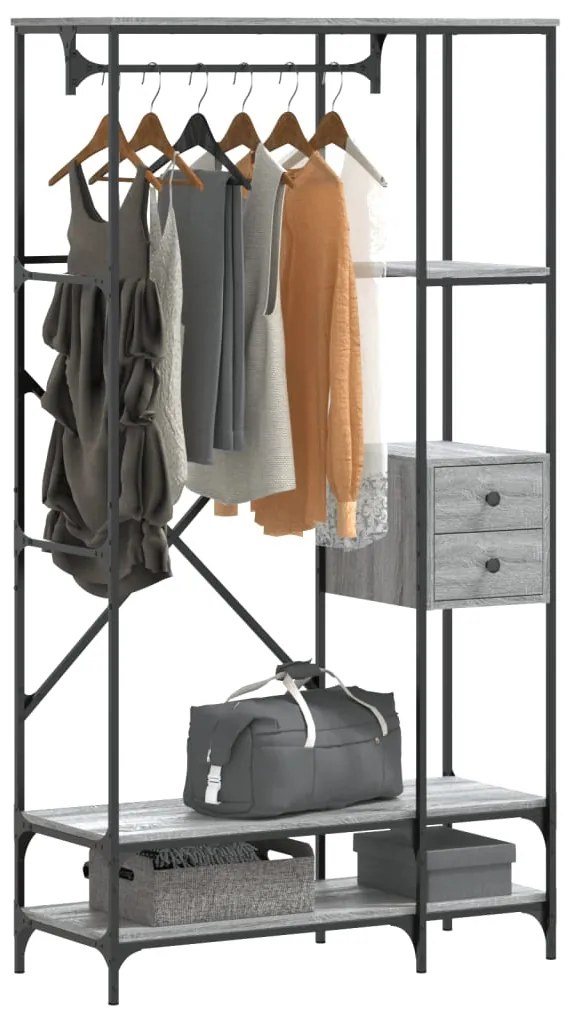 Charriot/Suporte p/ roupas c/ prateleiras deriv. madeira cinzento sono