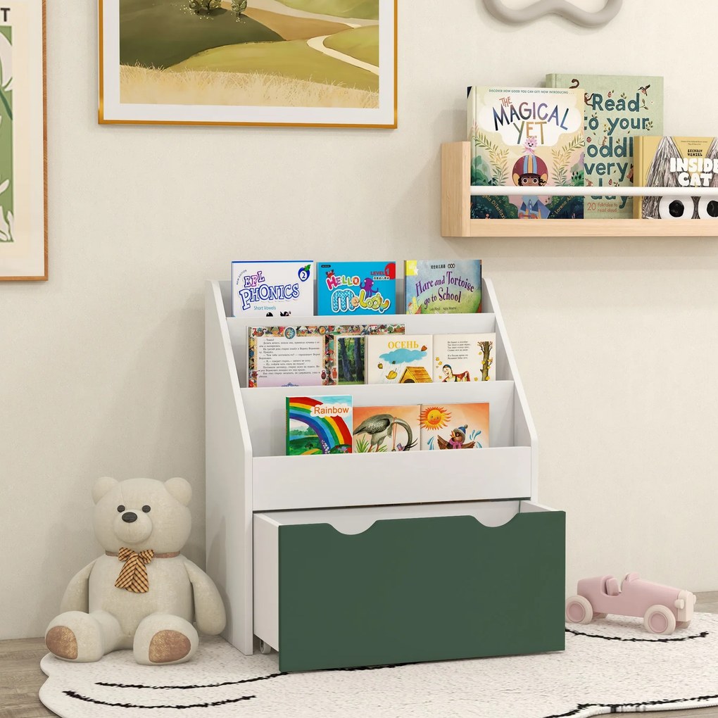 Estante infantil de 2 portas, armário moderno com 3 gavetas e varão para pendurar roupa, para quarto, Branco e verde