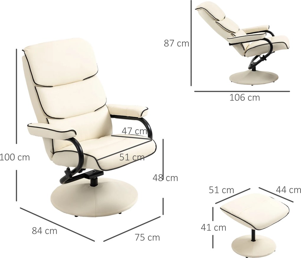 Poltrona relax com pufe e encosto reclinável, giratória a 360°, assento almofadado confortável, cor creme