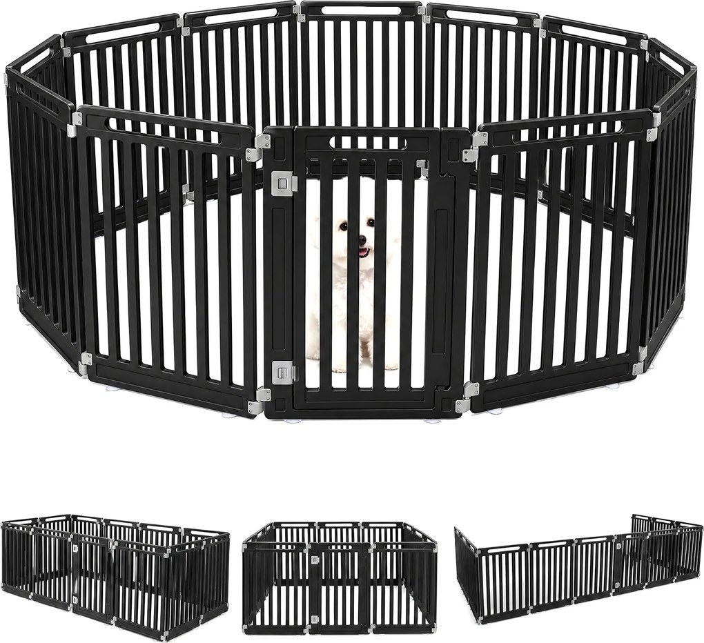 Recinto para Cães com 11 Painéis Modulares, 53 x 81 cm, Porta com Duplo Fecho, Preto