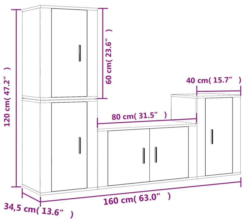 Conjunto móveis de TV 4pcs madeira processada carvalho castanho