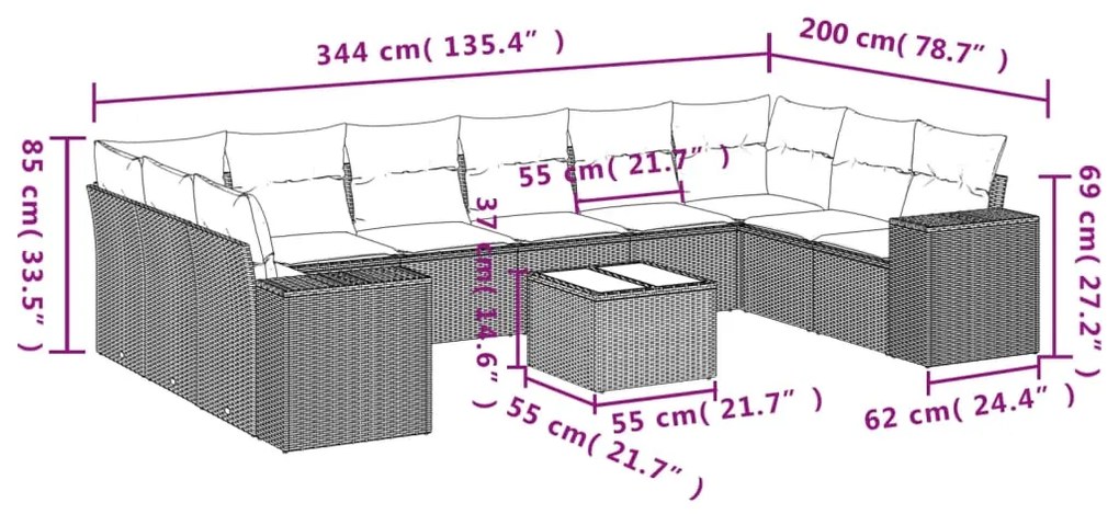 11 pcs conjunto sofás de jardim c/ almofadões vime PE cinzento