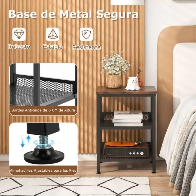 Mesa de apoio, mesa de cabeçeira de 3 níveis quadrada com duas estantes de rede para sala de estar Quarto 40 x 40 x 54 cm Castanho