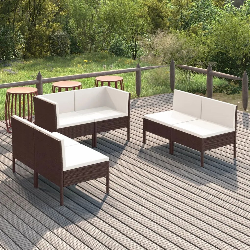 vidaXL 6 pcs conjunto lounge jardim c/ almofadões vime PE castanho