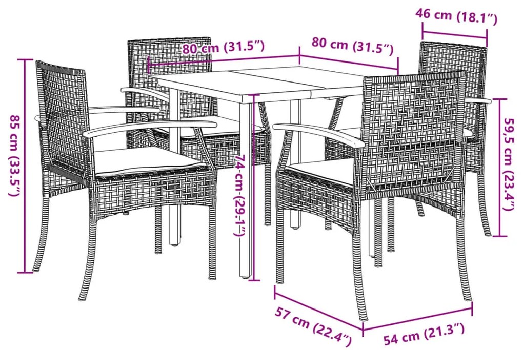 5 pcs conjunto de jantar p/ jardim com almofadões vime PE bege