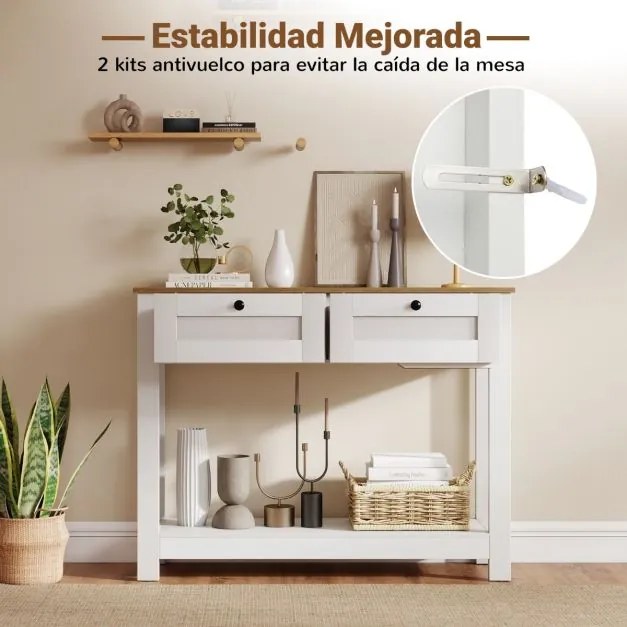 Mesa Consola Estilo Rústico 106 x 30 x 81,5 cm com 2 Gavetas e Prateleira de Armazenamento para Sala de Estar, Cozinha ou Sala de Jantar Branca