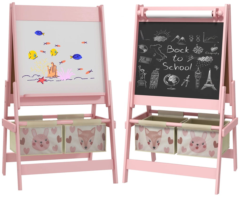AIYAPLAY Cavalete para Crianças 3 em 1 Cavalete Infantil de Dupla Face Cavalete de Arte com Rolo de Papel Quadro e 2 Cestas de Armazenamento 54x46,5x93 cm Rosa