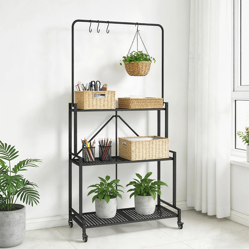 Suporte para plantas de 3 níveis com Rodas 84 x 40,5 x 174 cm, prateleira dobrável para flores em metal com 4 ganchos, preto