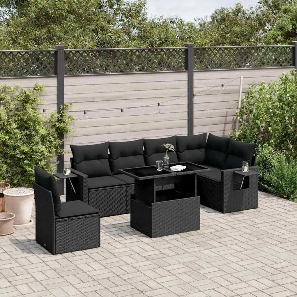 vidaXL 7 pcs conjunto de sofás p/ jardim c/ almofadões vime PE preto