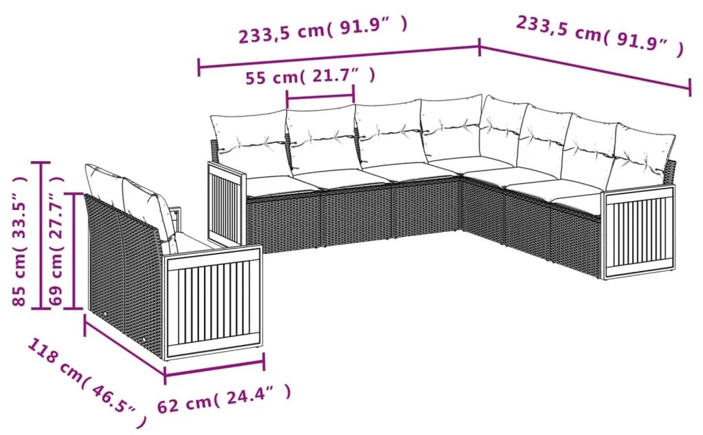 9 pcs conjunto de sofás p/ jardim c/ almofadões vime PE preto