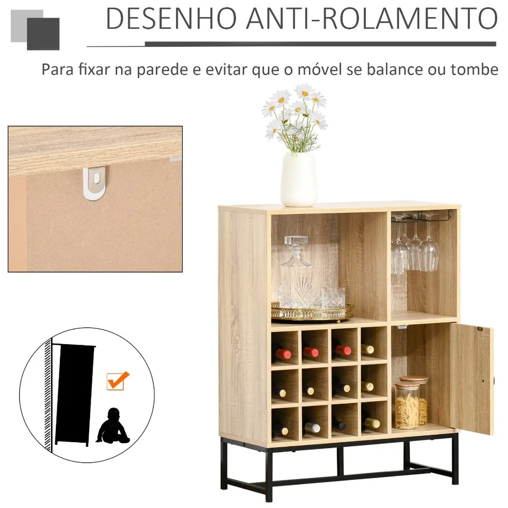 Aparador de Cozinha Armário com 1 Porta Prateleiras Abertas Suporte para 12 Garrafas e 6 Taças de Vinho para Sala de Jantar Bar Restaurante 76x35x97cm