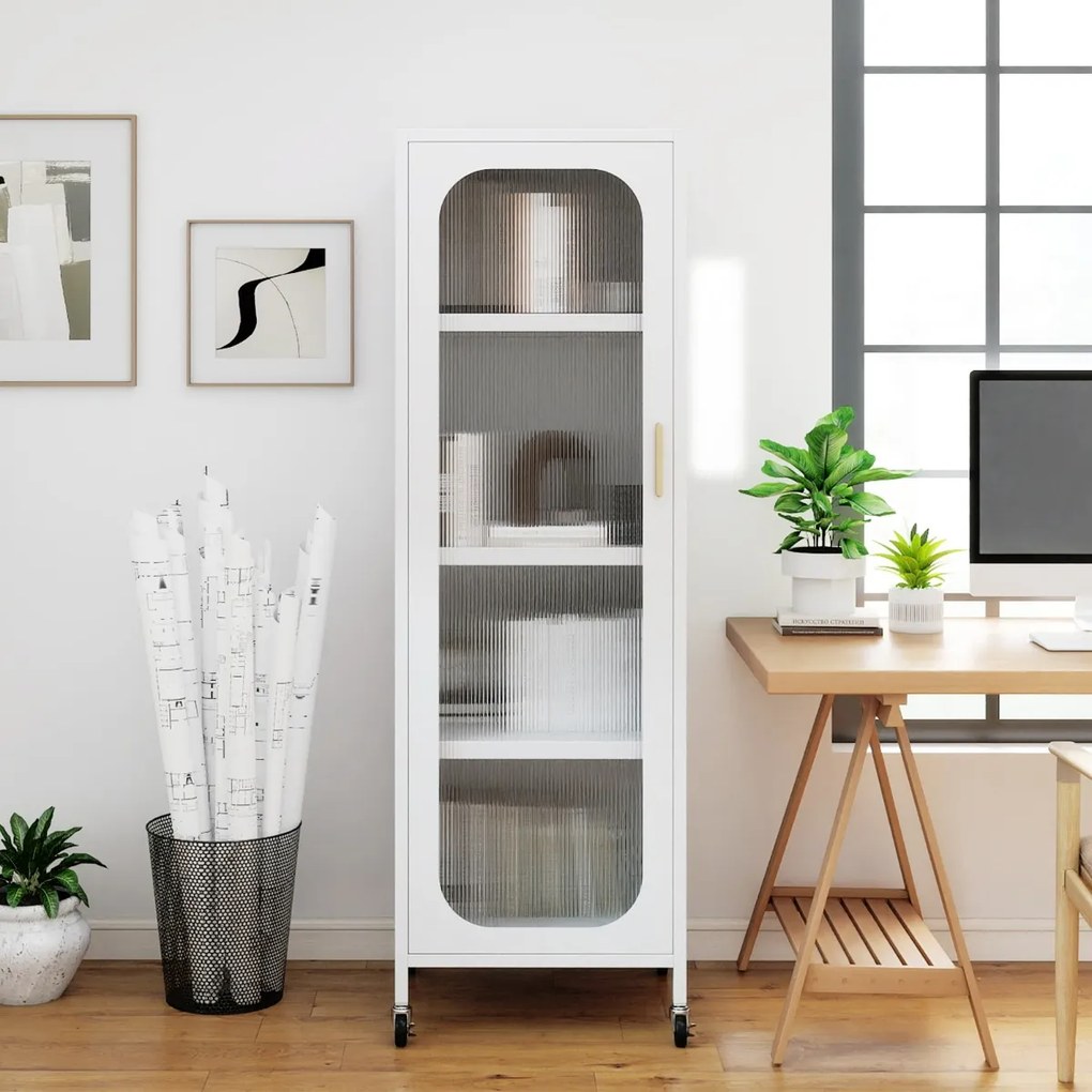 Armário Cozinha metálico 45 x 40 x 141 cm de 5 níveis Despensa de cozinha alta e estreita com prateleiras ajustáveis e porta semitransparente branco