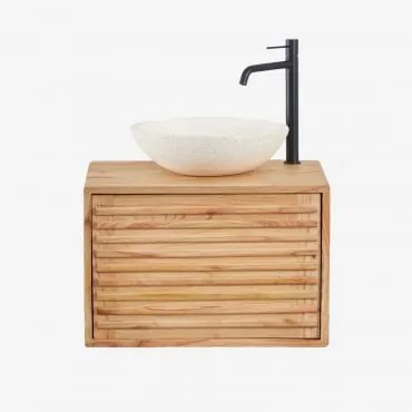 Conjunto De Móveis De Banheiro De Madeira Suspensos Deleyna Madeira Natural & Cimento Redondo Branco Ø40 Cm Zavion & Sem Espelho & Preto - Sklum