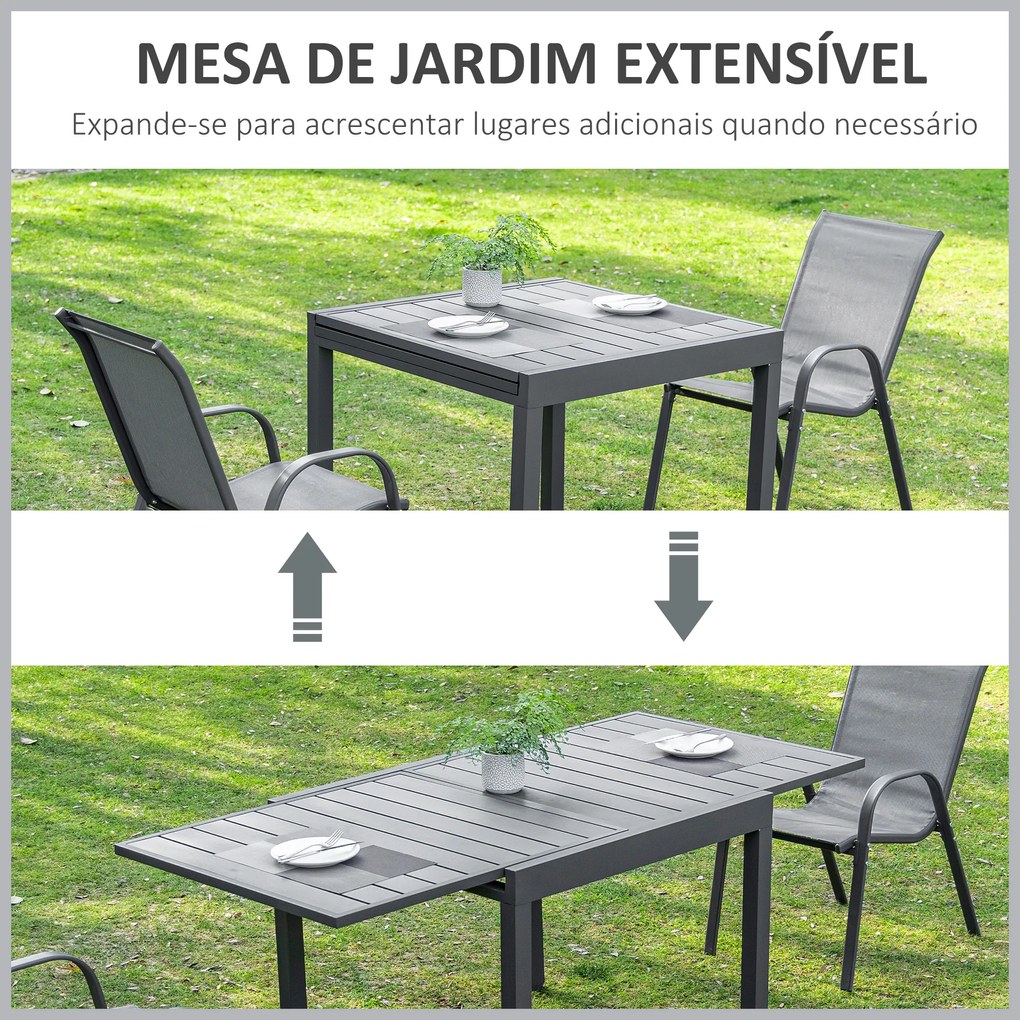 Outsunny Mesa de Jardim Extensível de Alumínio Mesa de Jantar Retangular para 4-6 Pessoas Carga Máxima 70kg para Pátio Terraço Exterior 180x90x73cm Cinza
