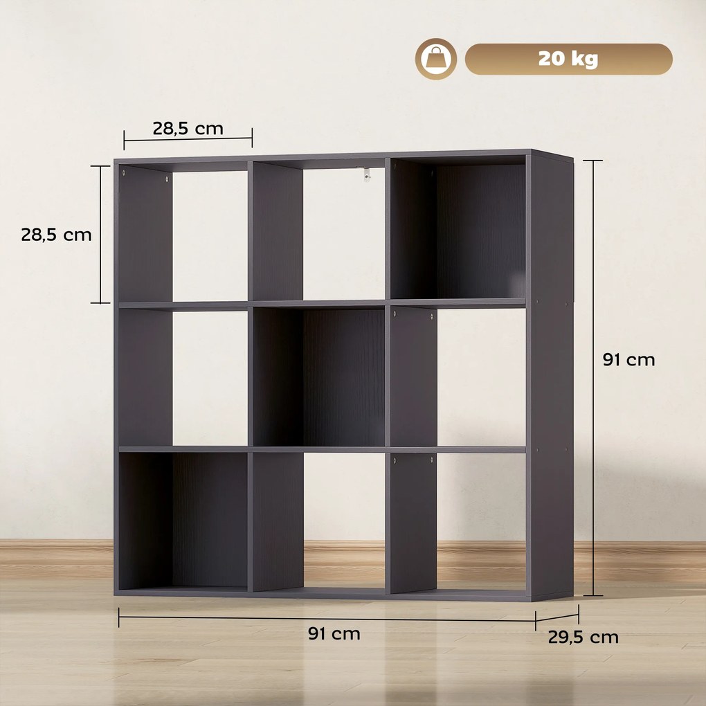 Estante de 3 níveis com 9 compartimentos 91 x 29,5 x 91 cm, para sala de estar, escritório ou quarto, cinzenta