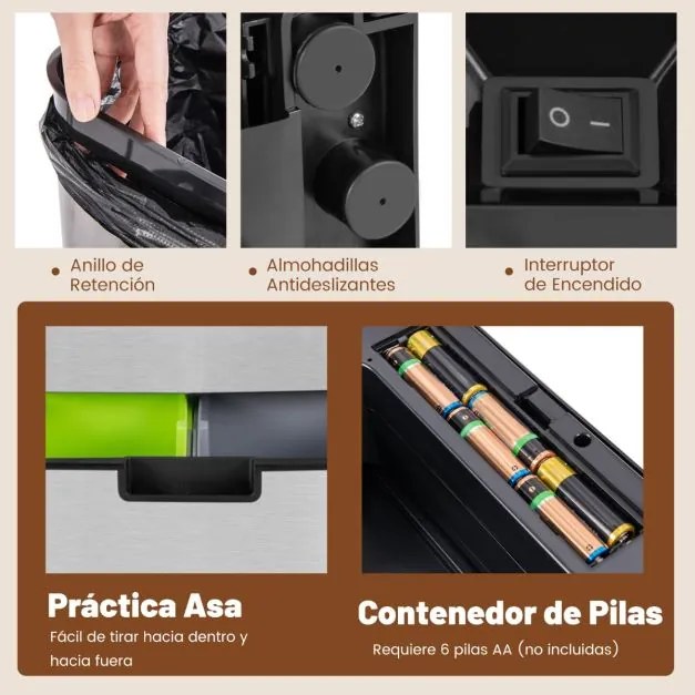 Caixote do lixo em aço inoxidável 72 L com sensor de movimento 2 baldes Tampa aberta e fecho suave Caixote do lixo de cozinha Prata