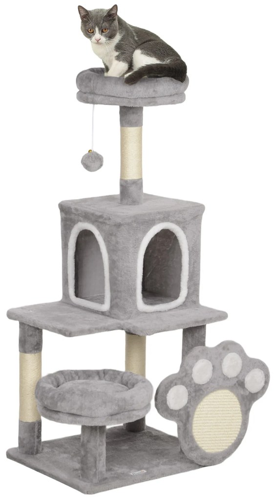 PawHut Arranhador para Gatos Torre para Gatos com Ninho Caverna Plataforma Arranhador Bola Suspensa 48x40x110 cm Cinza Claro | Aosom Portugal