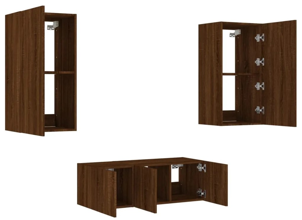 4 pcs móveis parede TV c/ LEDs deriv. madeira carvalho castanho