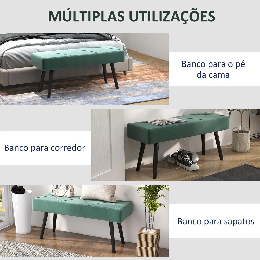 Banco de Pé de Cama Multifuncional e Moderno Banco de Dormitório com Pés de Aço e Assento Acolchoado 100x36x45 cm Verde