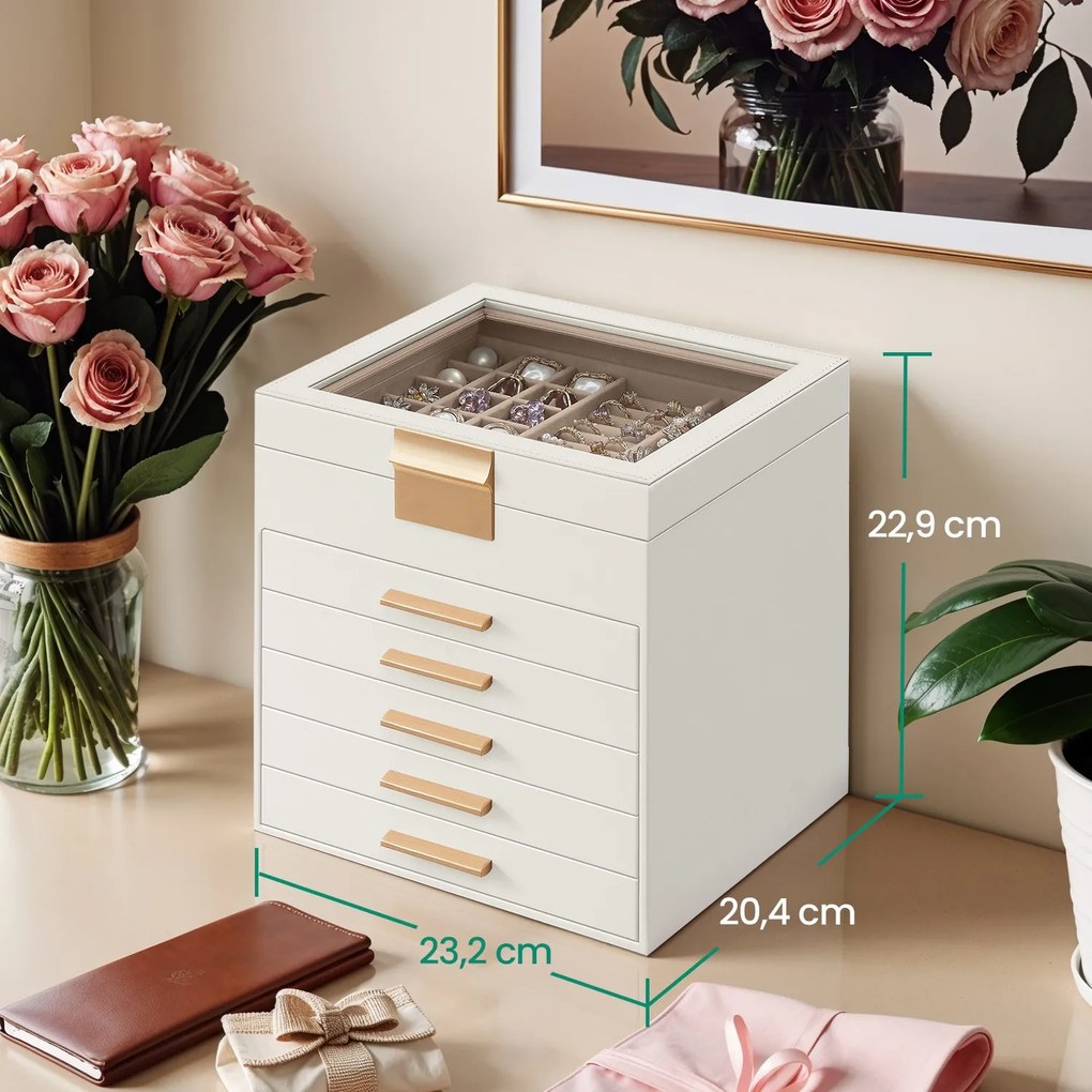 Caixa para joias com 6 níveis, com tampa de vidro 20,3 x 23,1 x 22,8 cm branco-dourado