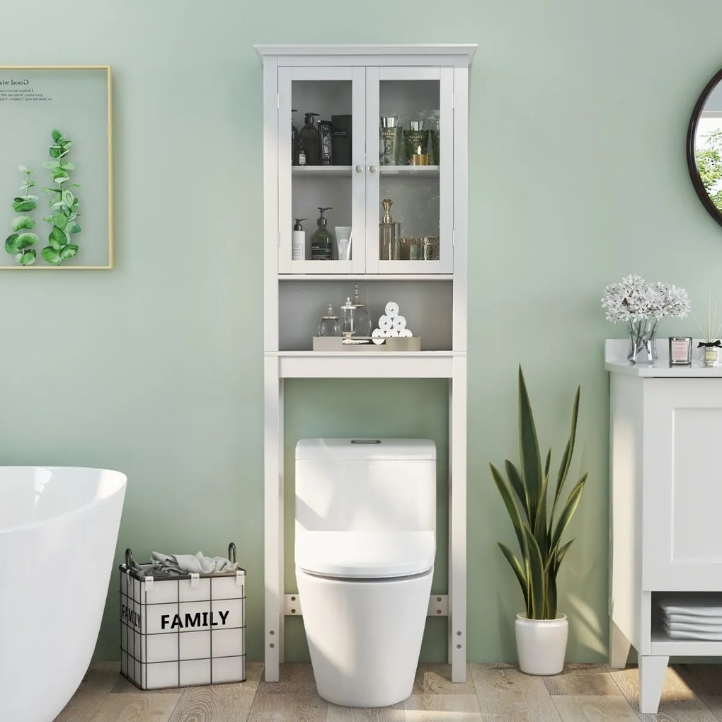 Armário organizador para casa de banho para cima da sanita com prateleira regulável e portas de vidro duplo 60 x 30 x 173 cm branco