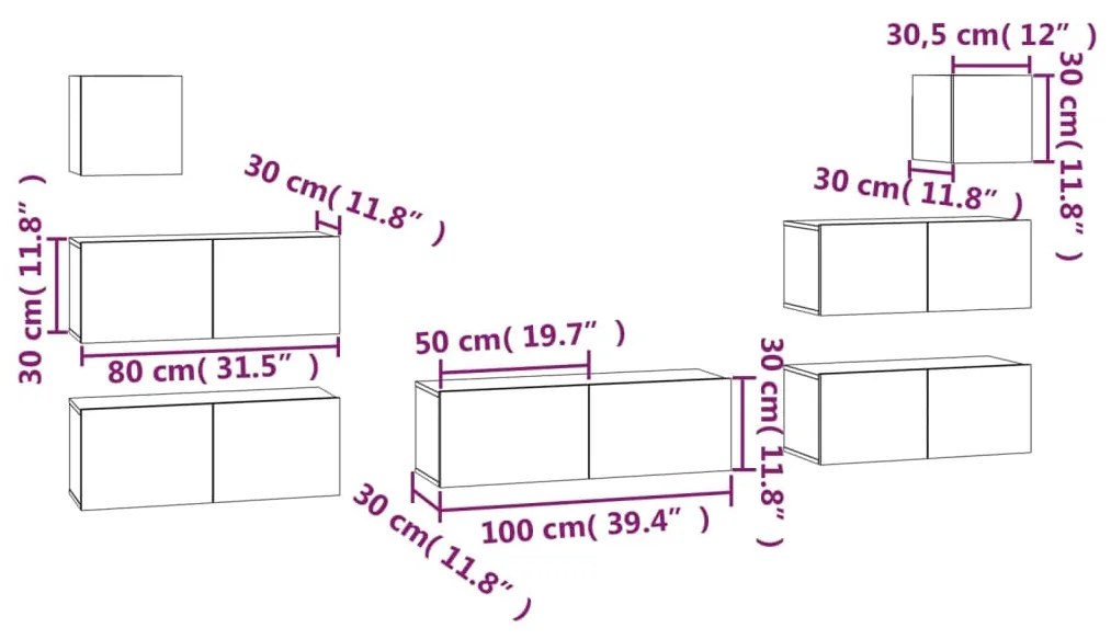 7 pcs conjunto móveis TV derivados de madeira cinzento cimento