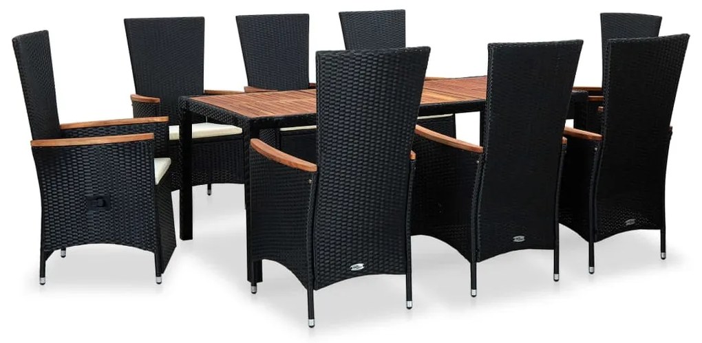 vidaXL 9 pcs conjunto jantar exterior com almofadões vime PE preto