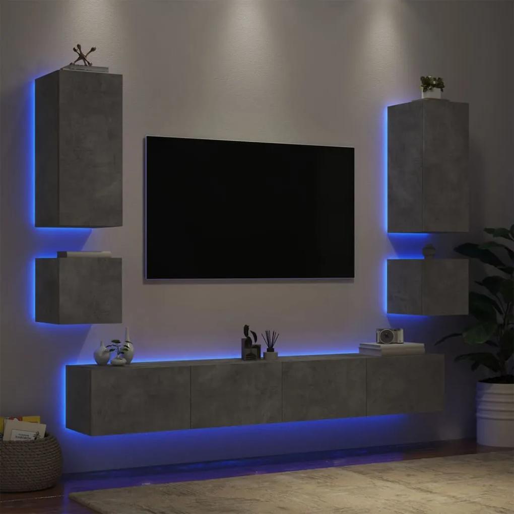 6 pcs móveis de parede para TV com luzes LED cinzento cimento