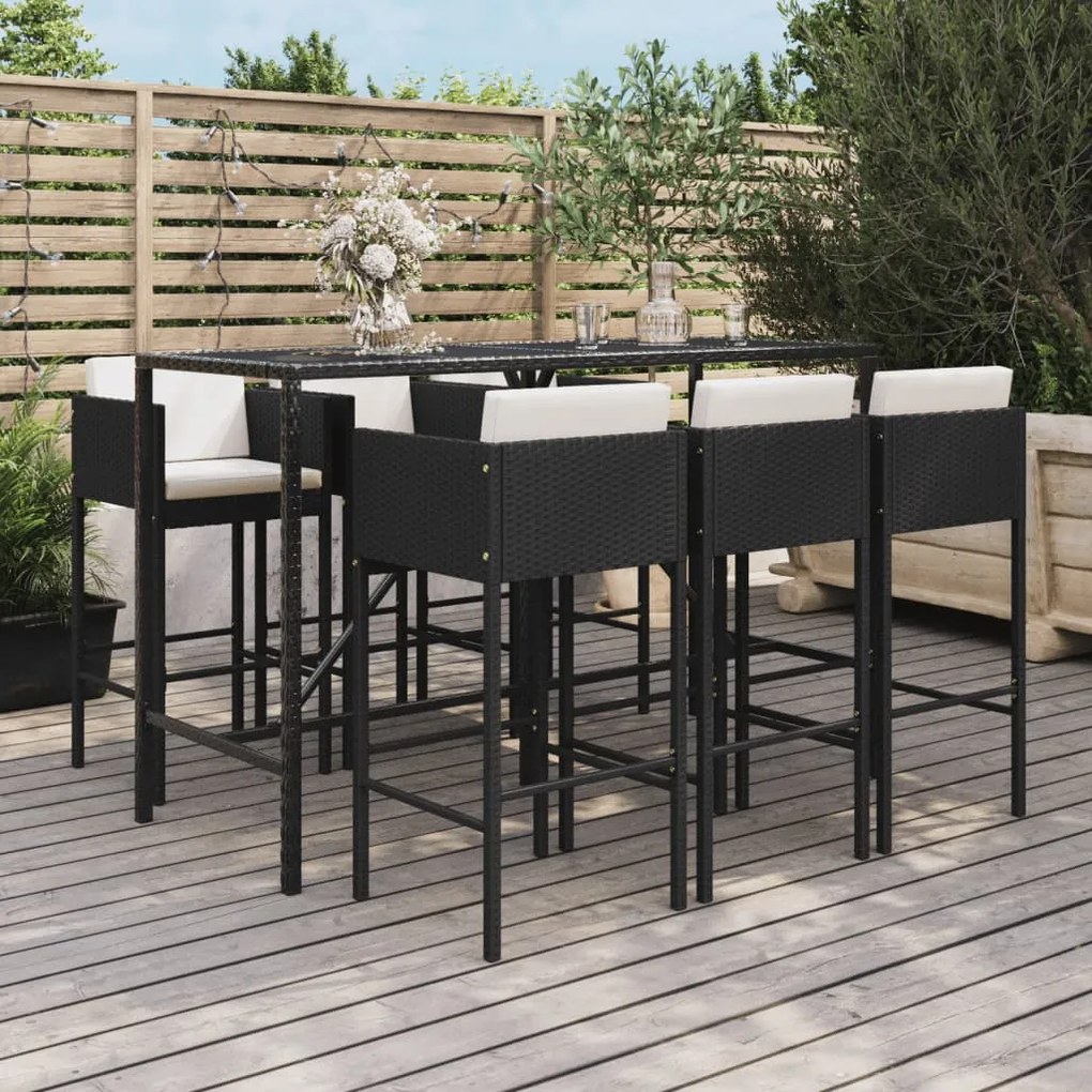 7 pcs conjunto de bar para jardim c/ almofadões vime PE preto