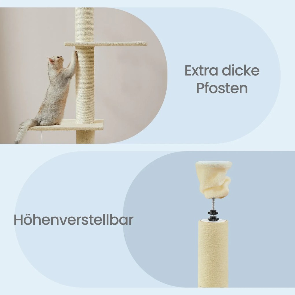 Arranhador para gatos, ajustável em altura 45 x 30 x (231-291) cm, com vários níveis e caverna bege