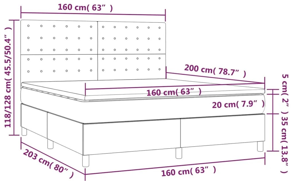 Cama box spring c/ colchão e LED 160x200 cm tecido azul