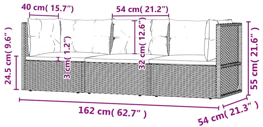 3 pcs conjunto lounge de jardim c/ almofadões vime PE cinzento