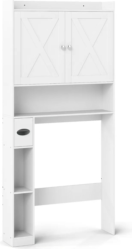 Armário de casa de banho sobre a sanita 81,5 cm x 19,5 cm x 172,5 cm com porta dupla Porta-papel higiênico e prateleira ajustável Branco